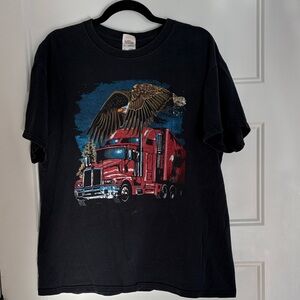 Fruit of the Loom Heavy Black T-Shirt with Truck and Eagle Graphic